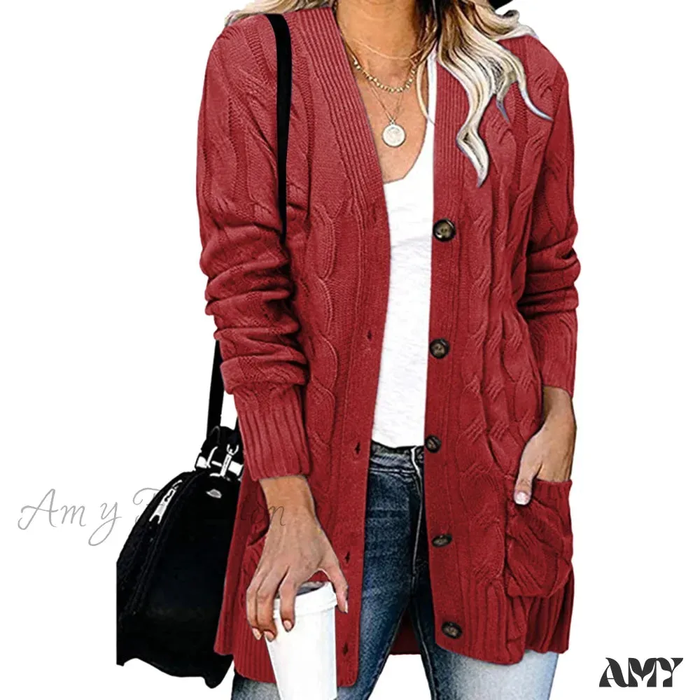 Amy Fashion - Autumn Solid Color Knitted Cardigan Cardigans