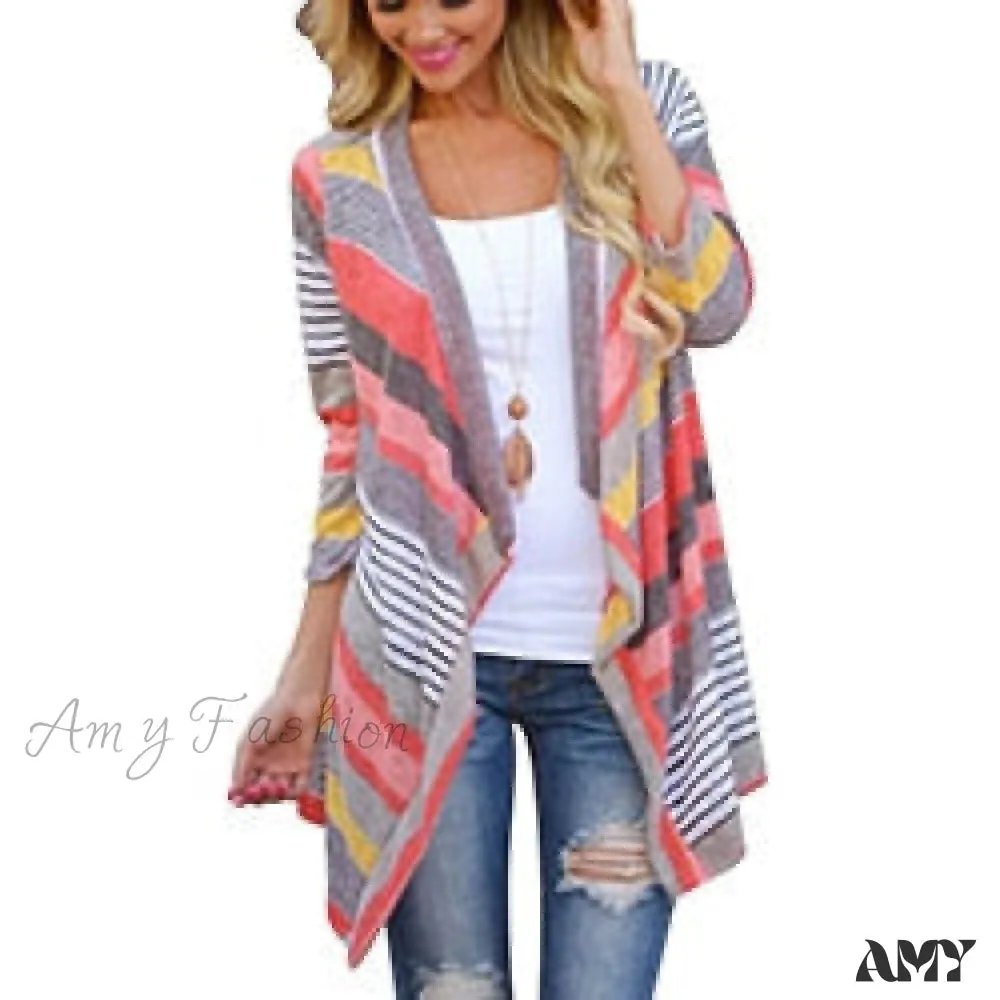 Amy Fashion - Striped Print Boho Cardigan Outwear Knitted Casual Vintage Coat