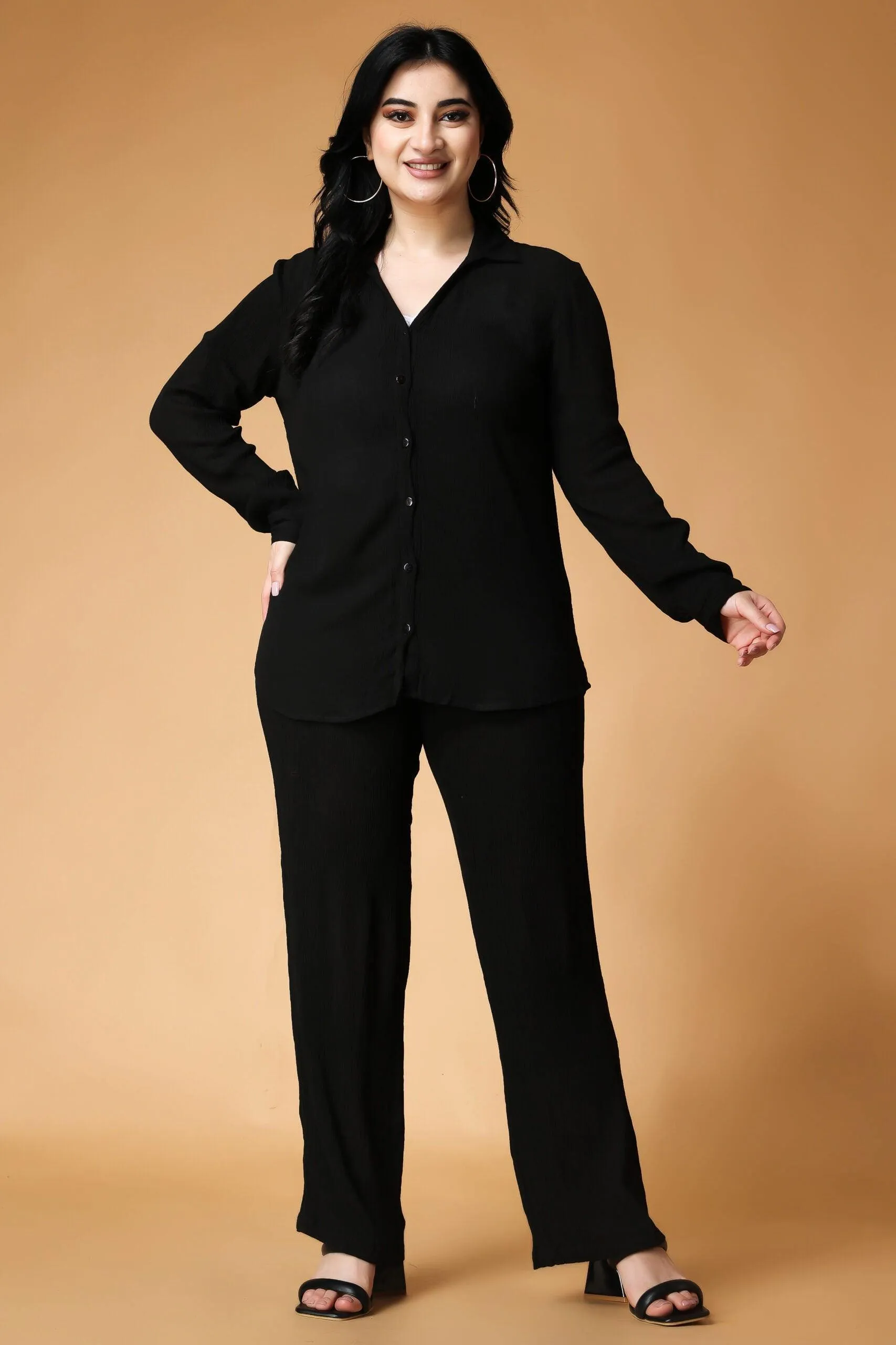 Black Solid Shirt with Pants Set