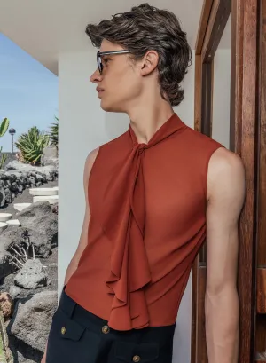 Bohemia Orange Rust Sleeveless Chiffon Ruffle Shirt