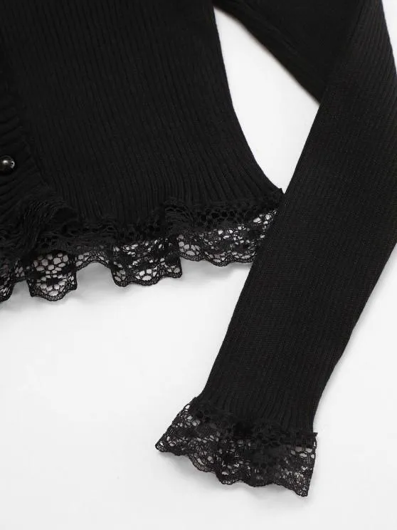 Button Up Scalloped Lace Trim Cardigan