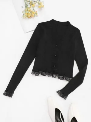 Button Up Scalloped Lace Trim Cardigan
