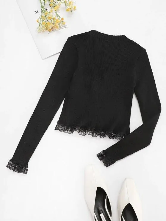 Button Up Scalloped Lace Trim Cardigan