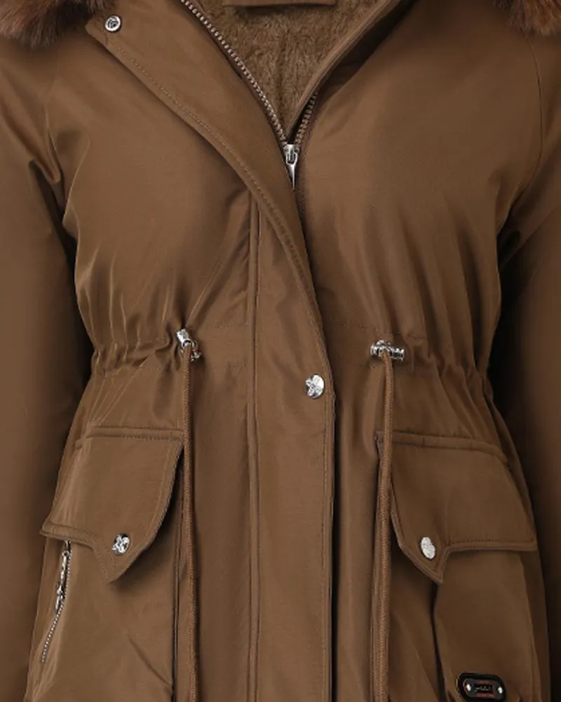 Casual Fluffy Trim Hooded Jacket Drawstring Waist Zip Up Fleece Lined Coat with Pockets