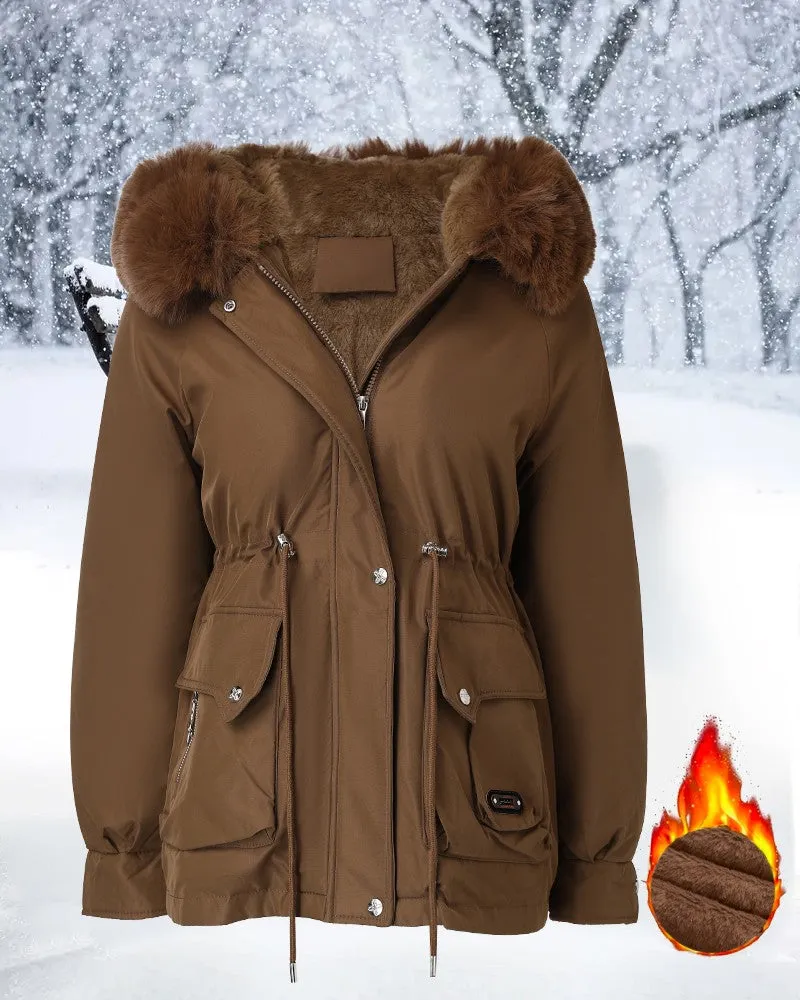 Casual Fluffy Trim Hooded Jacket Drawstring Waist Zip Up Fleece Lined Coat with Pockets