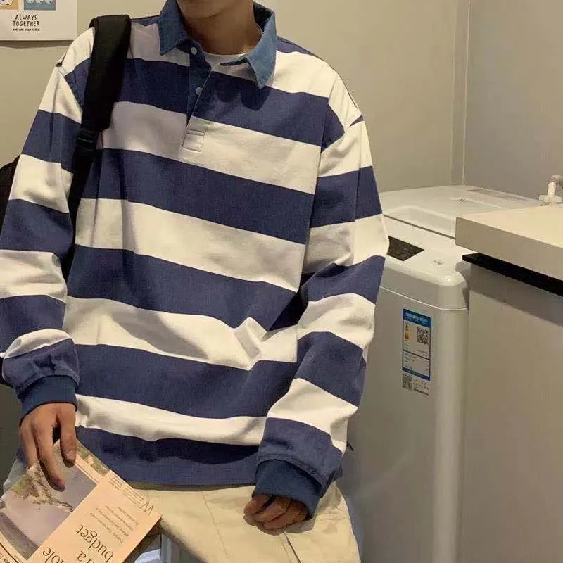 CHICMY Men's Blue White Stripe Printing Outerwear Cowboy Lapel Pullover Loose Male Coats Casual Clothes Hoodies Cotton Sweatshirts
