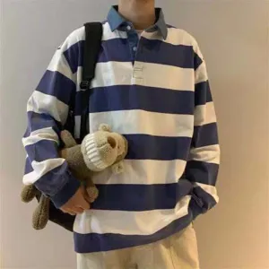 CHICMY Men's Blue White Stripe Printing Outerwear Cowboy Lapel Pullover Loose Male Coats Casual Clothes Hoodies Cotton Sweatshirts