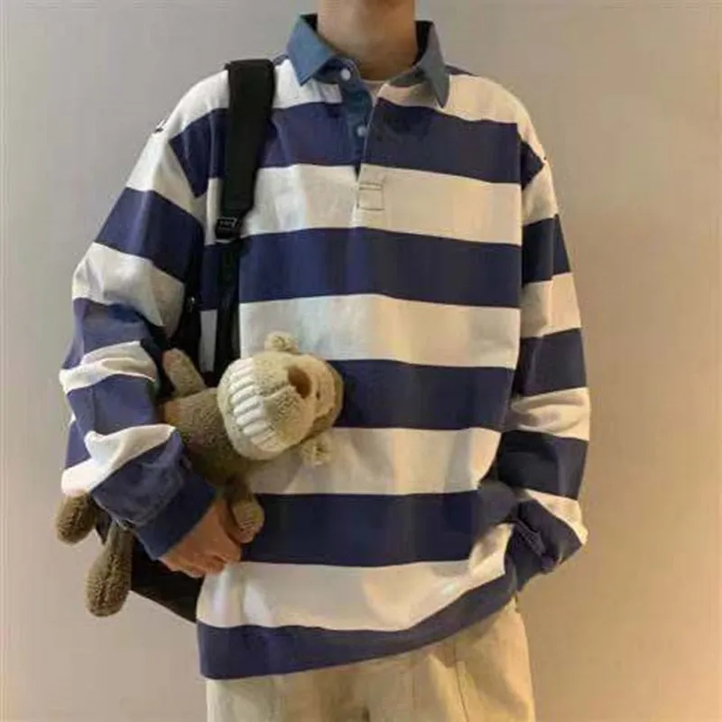 CHICMY Men's Blue White Stripe Printing Outerwear Cowboy Lapel Pullover Loose Male Coats Casual Clothes Hoodies Cotton Sweatshirts