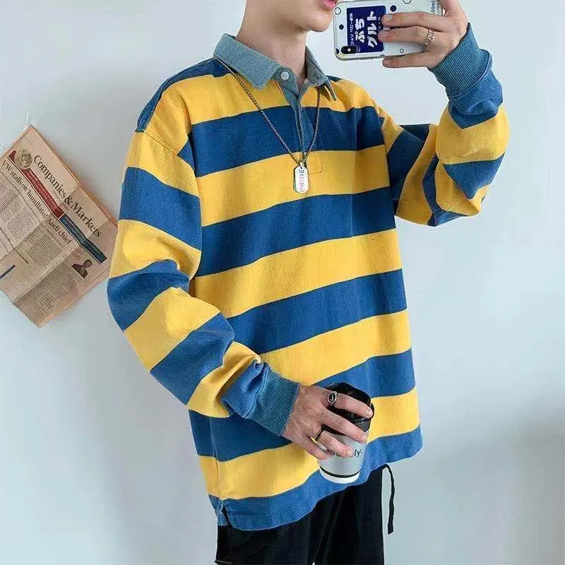 CHICMY Men's Blue White Stripe Printing Outerwear Cowboy Lapel Pullover Loose Male Coats Casual Clothes Hoodies Cotton Sweatshirts