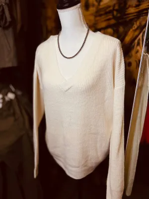 Cream Classic V Neck Soft Ribbed Knit Sweater