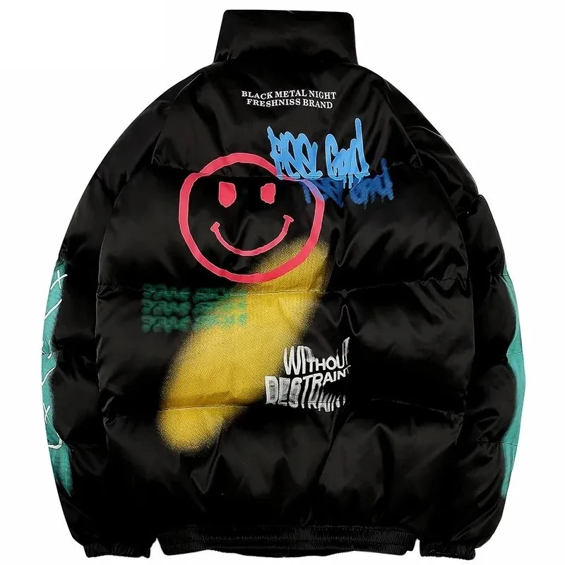 Fashion Winter Down Padded Jacket Men Women Cartoon Bear Print Parka Hip Hop Streetwear Winter Thick Warm Jackets Coats Clothes