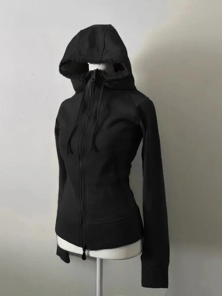 Girlary Grey Lamb Wool Double Zipper Hoodies Women's Clothes Slim Waist Hooded Vintage Y2k Coats Ropa Mujer Casual Fashion Sweatshirts