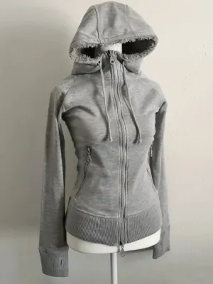 Girlary Grey Lamb Wool Double Zipper Hoodies Women's Clothes Slim Waist Hooded Vintage Y2k Coats Ropa Mujer Casual Fashion Sweatshirts