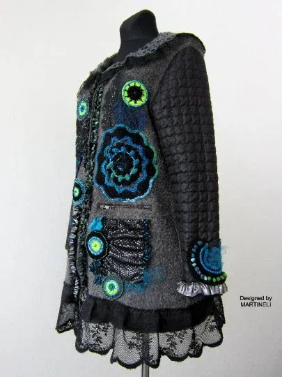Gray Wool Coat for Women,L/XL Embroidered Boho Coat
