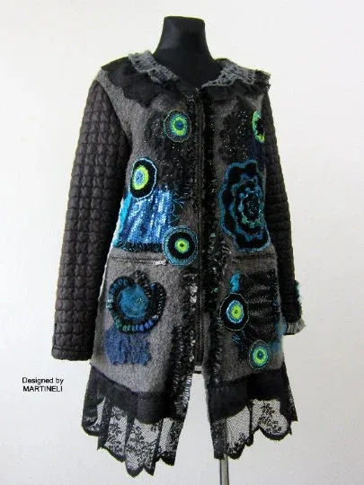 Gray Wool Coat for Women,L/XL Embroidered Boho Coat