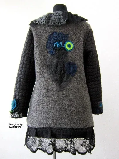 Gray Wool Coat for Women,L/XL Embroidered Boho Coat