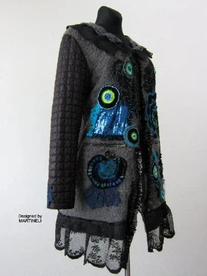 Gray Wool Coat for Women,L/XL Embroidered Boho Coat
