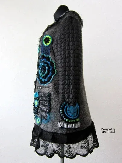 Gray Wool Coat for Women,L/XL Embroidered Boho Coat