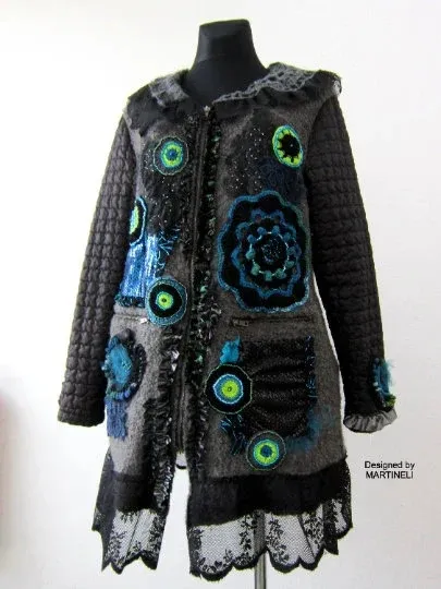 Gray Wool Coat for Women,L/XL Embroidered Boho Coat