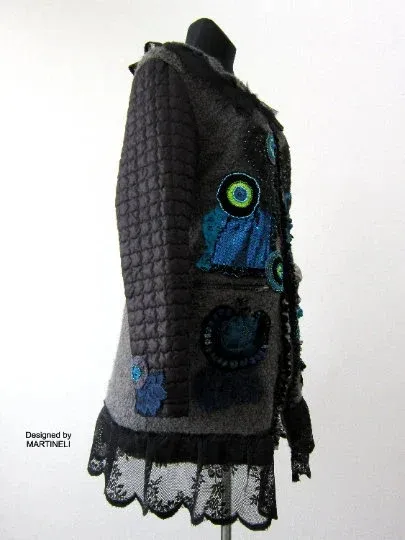 Gray Wool Coat for Women,L/XL Embroidered Boho Coat