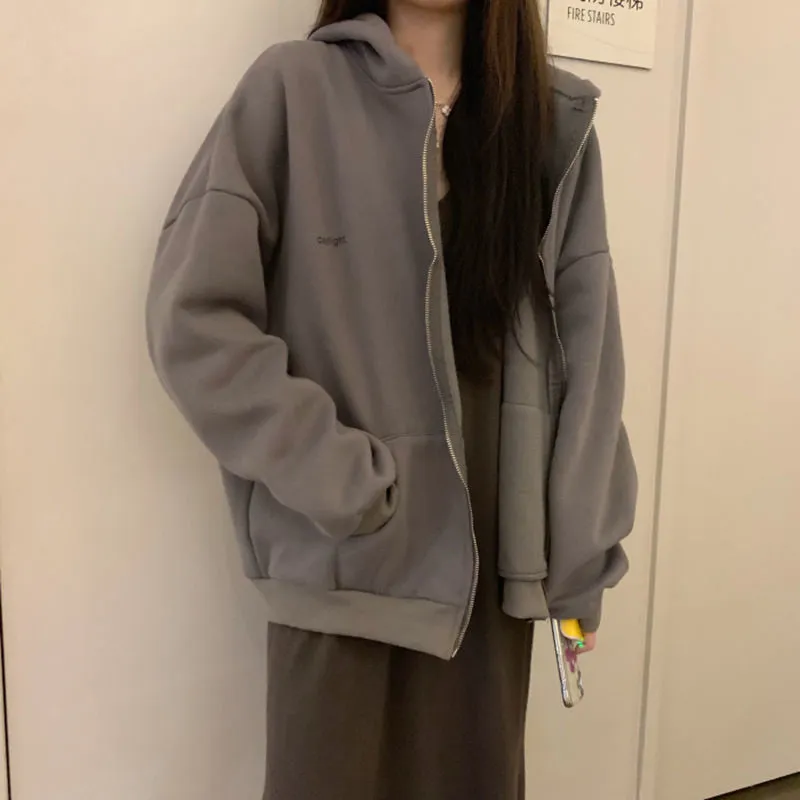 Harajuku Women Sweatshirts Korean Version Oversized Solid Zip Up Hoodies Jacket Retro Long Sleeve Fleece Hooded Sweatshirt Coats