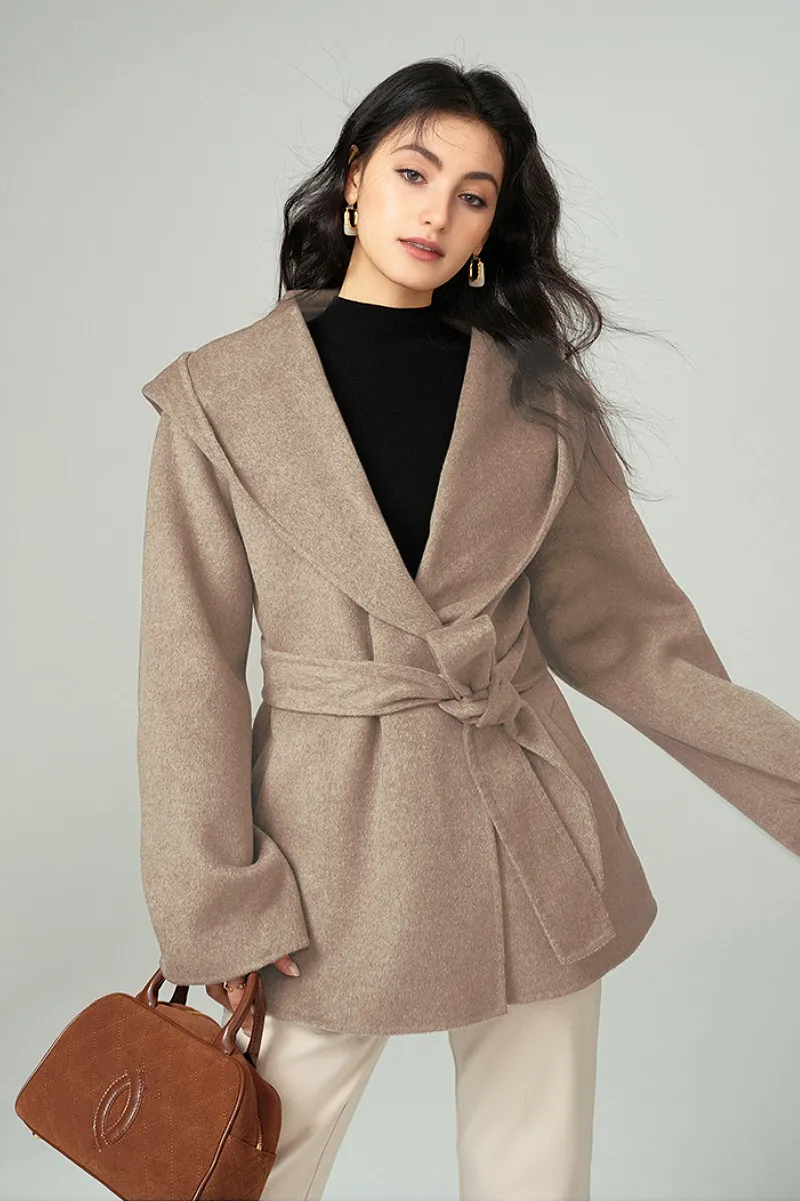 Hooded Wool Blend Wrap Coat