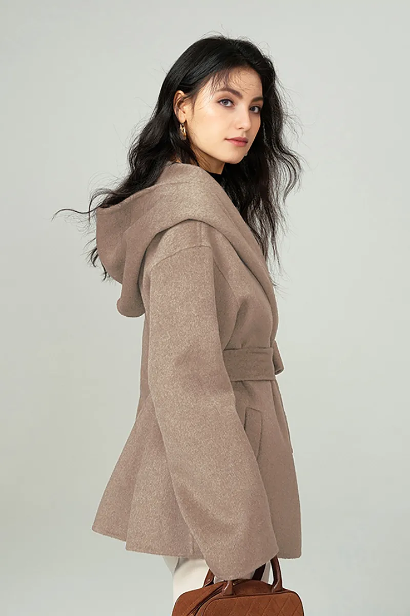 Hooded Wool Blend Wrap Coat