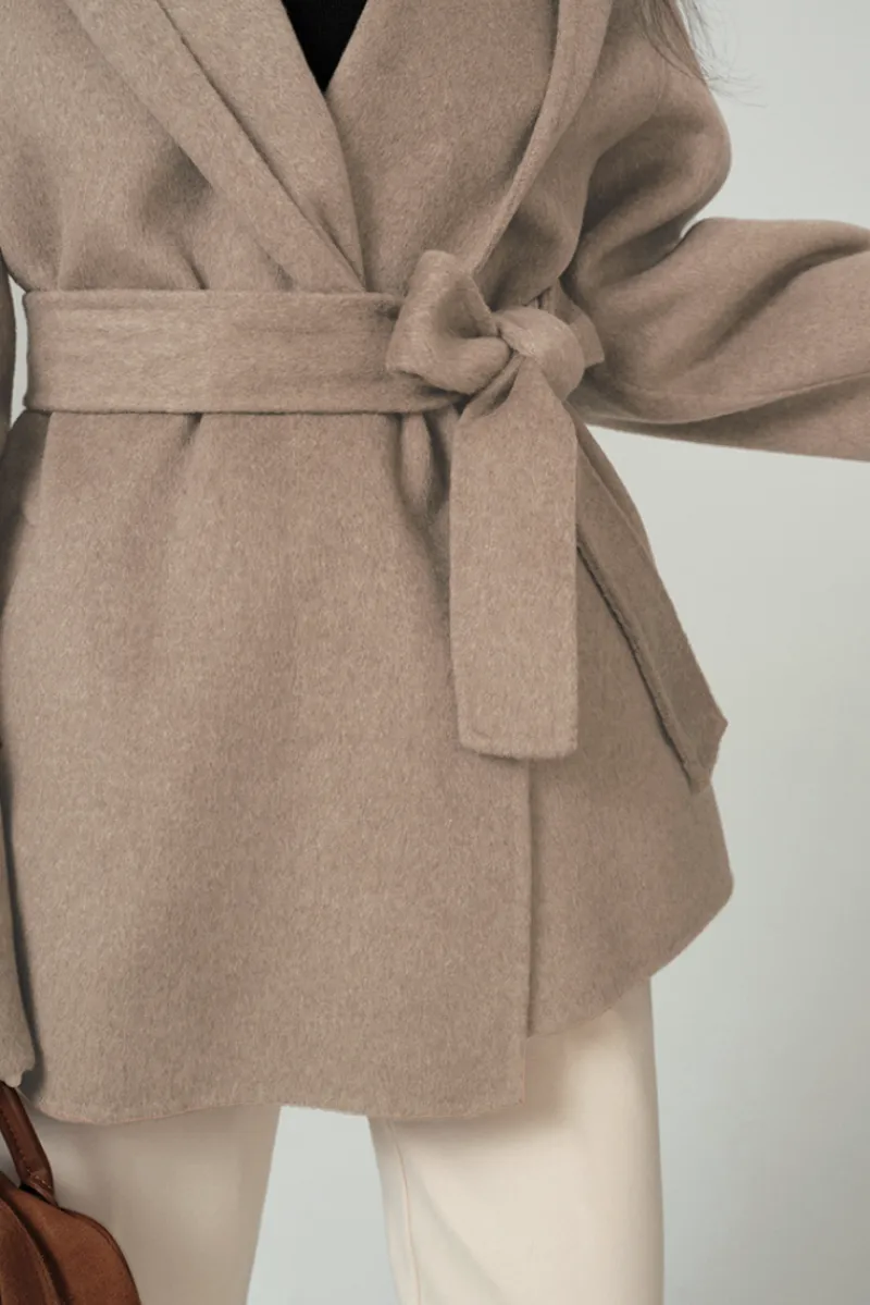 Hooded Wool Blend Wrap Coat