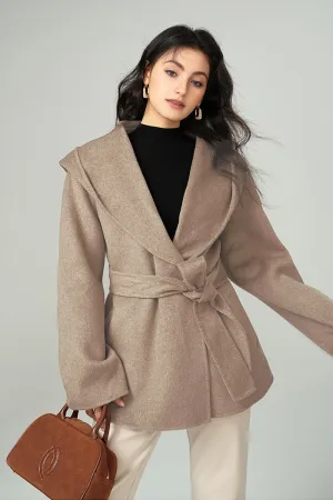 Hooded Wool Blend Wrap Coat