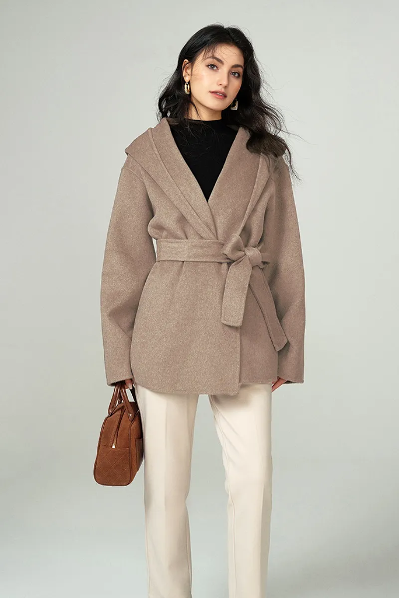 Hooded Wool Blend Wrap Coat