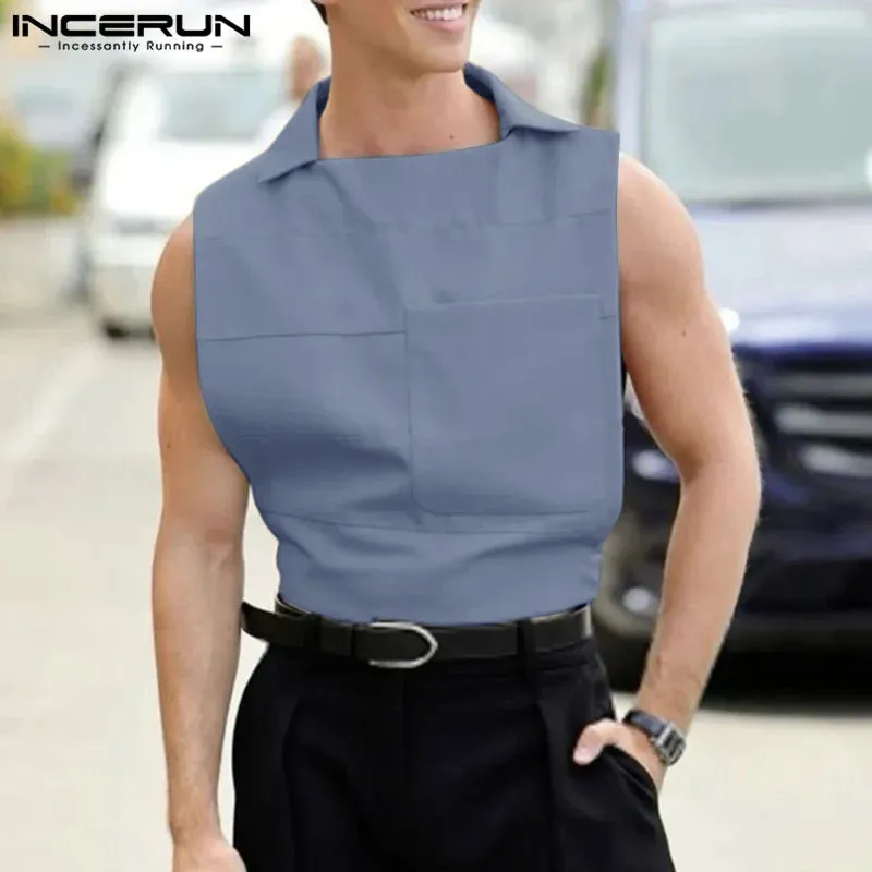 INCERUN Men's Solid Color Lapel Sleeveless Tank Tops - Casual Fashion Vests for Summer 2024