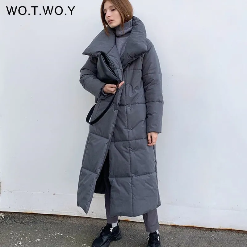 Joskaa Christmas Gift WOTWOY Thicken Warm Long Cotton-Liner Parkas Women Oversize Winter Jackets Female Sashes Coats Casual Straight Outerwear 2024