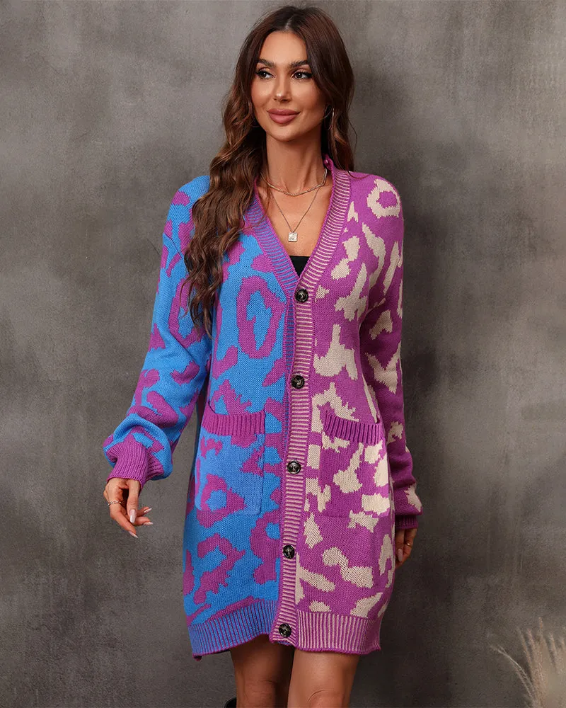 Leopard Stitching Sweater Knit Sweater Cardigan