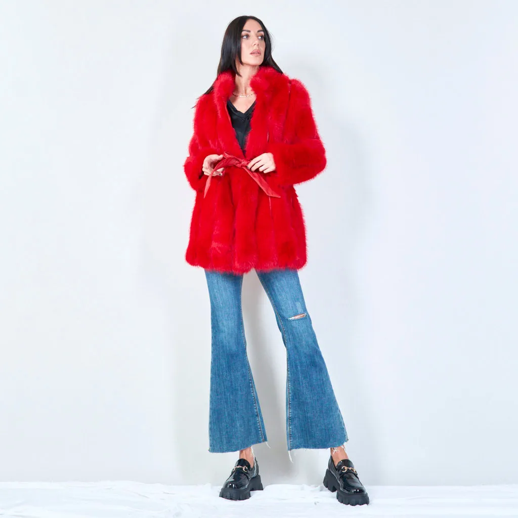 Long faux fur belted coat wholesale