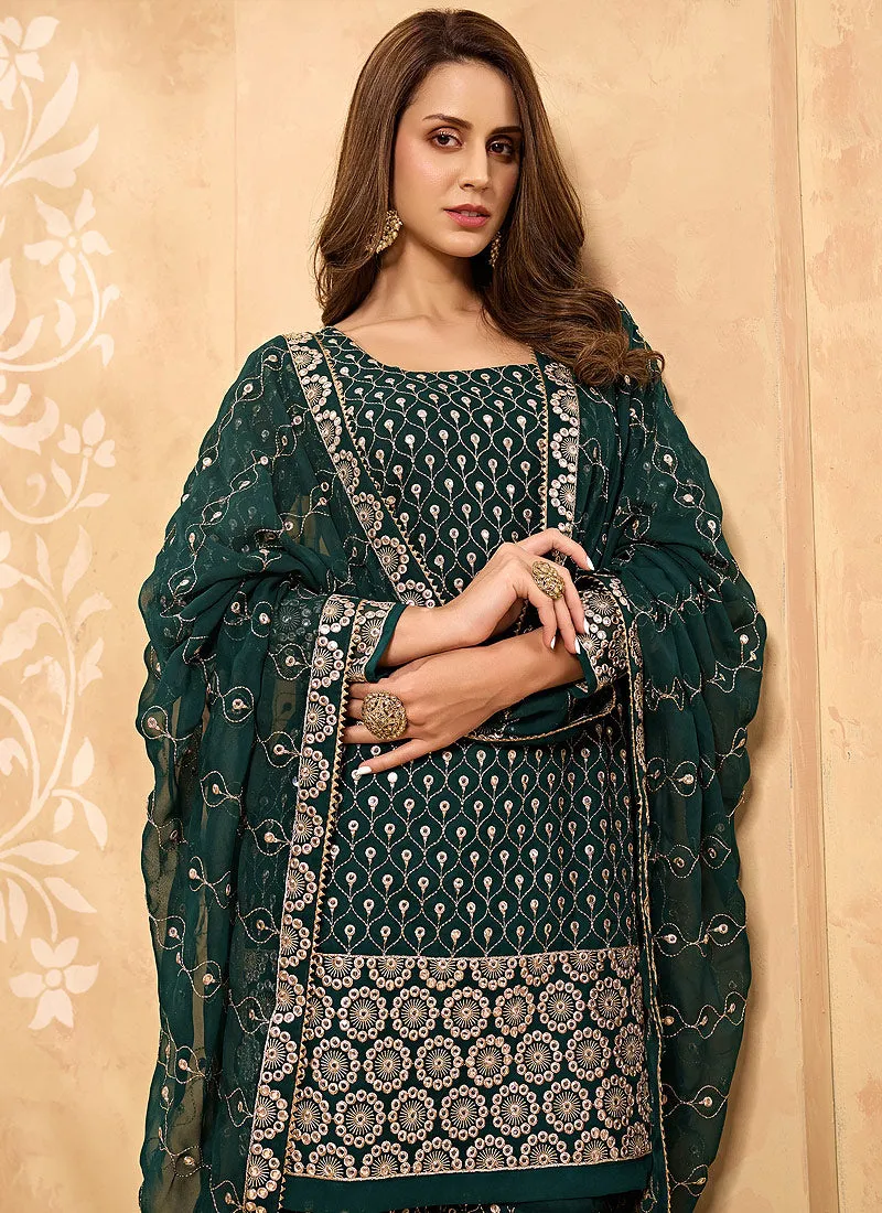 Majestic Green Embroidered Georgette Sharara Suit