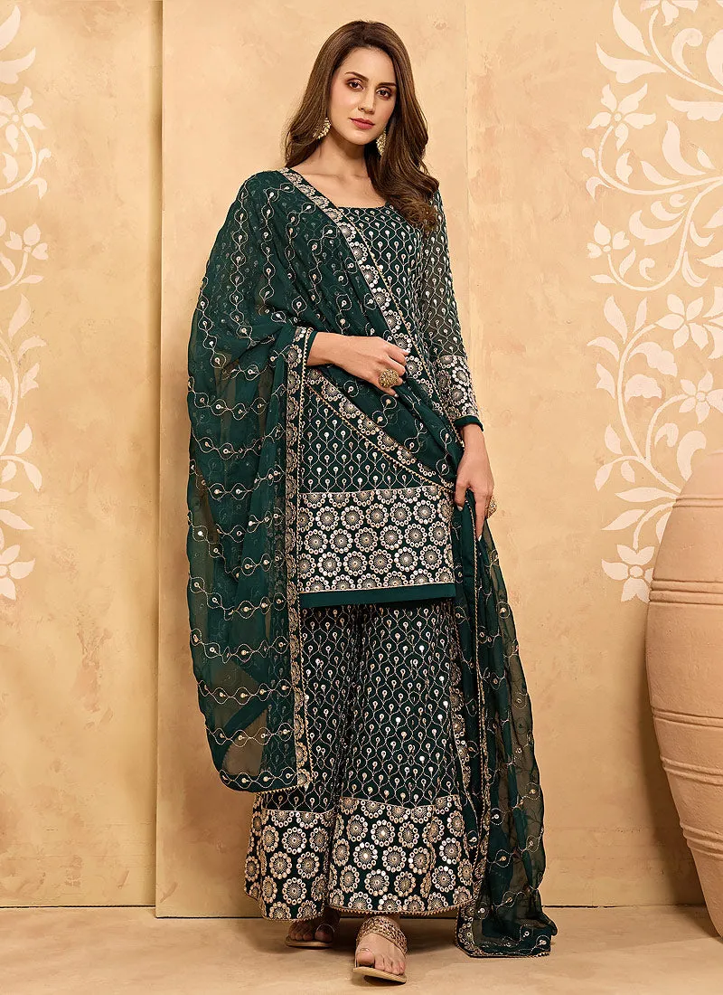 Majestic Green Embroidered Georgette Sharara Suit
