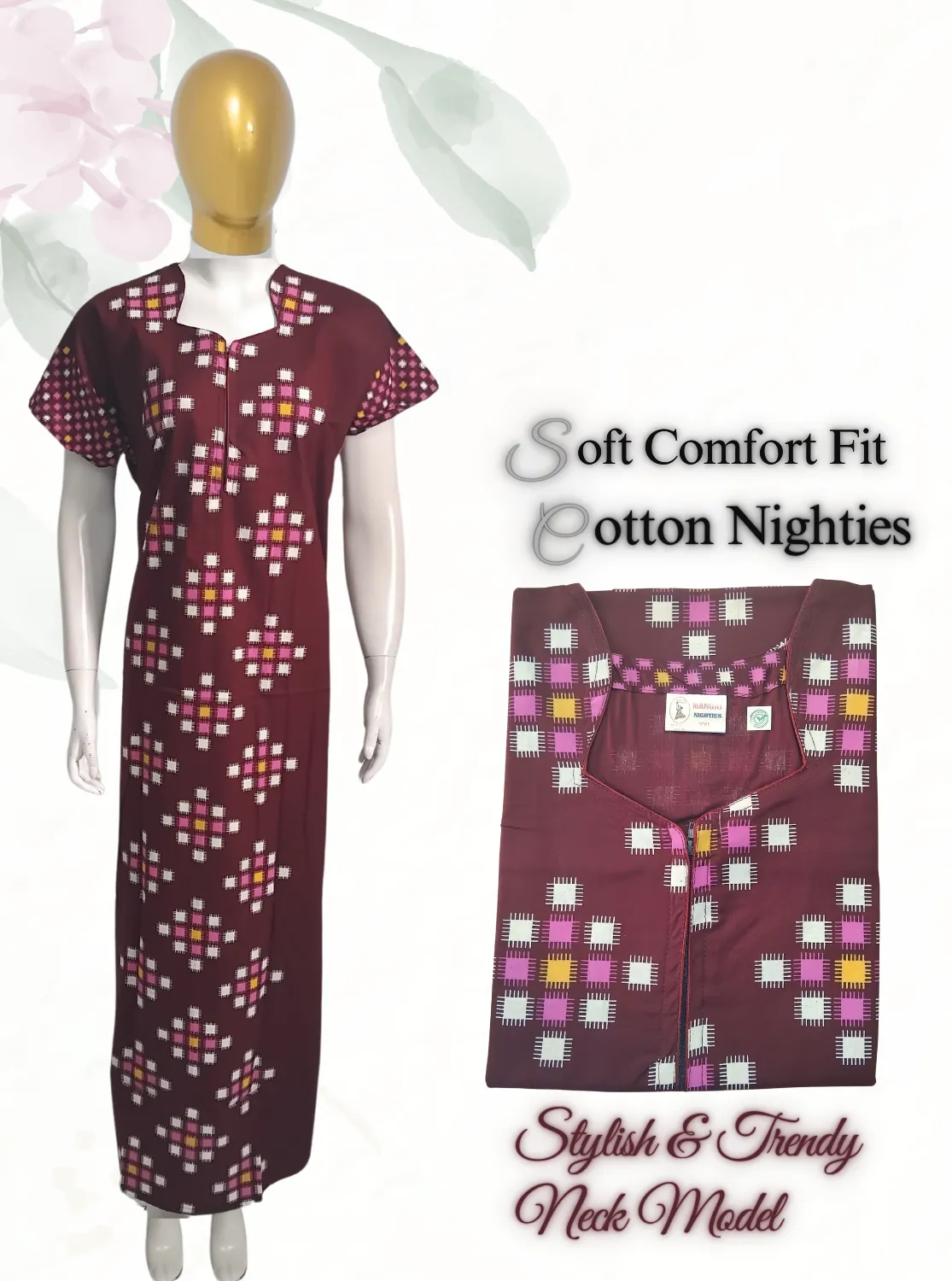 MANGAI New Regular Fit Cotton Printed  Nighties - All Over Printed Stylish COLLAR Model Nighties  | Side Cut Pocket | Beautiful Nighties for Stylish Women's (EM)