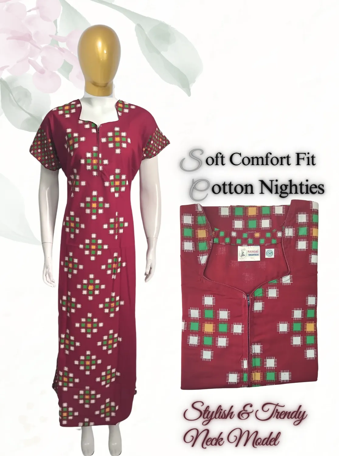 MANGAI New Regular Fit Cotton Printed  Nighties - All Over Printed Stylish COLLAR Model Nighties  | Side Cut Pocket | Beautiful Nighties for Stylish Women's (EM)