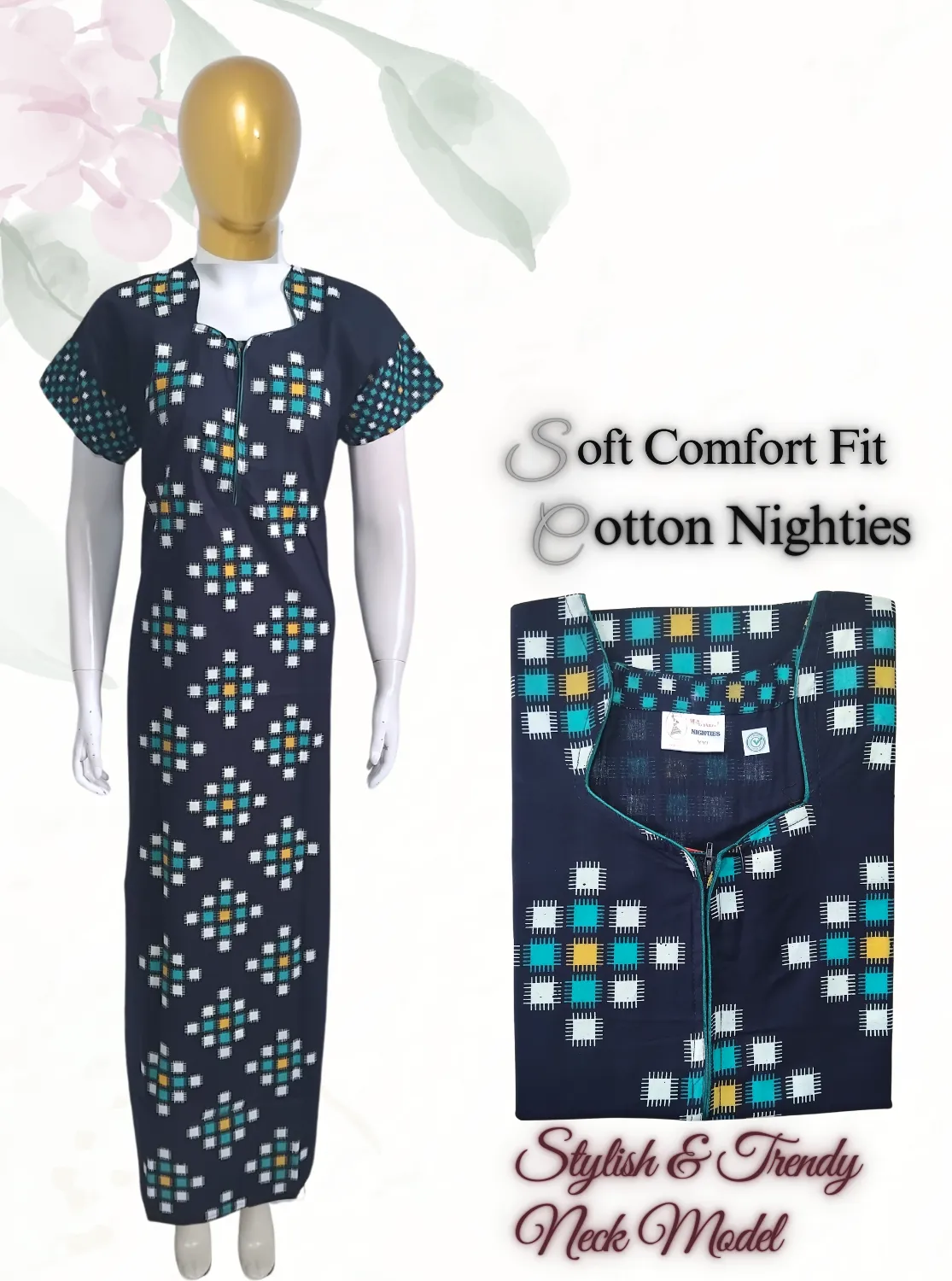 MANGAI New Regular Fit Cotton Printed  Nighties - All Over Printed Stylish COLLAR Model Nighties  | Side Cut Pocket | Beautiful Nighties for Stylish Women's (EM)