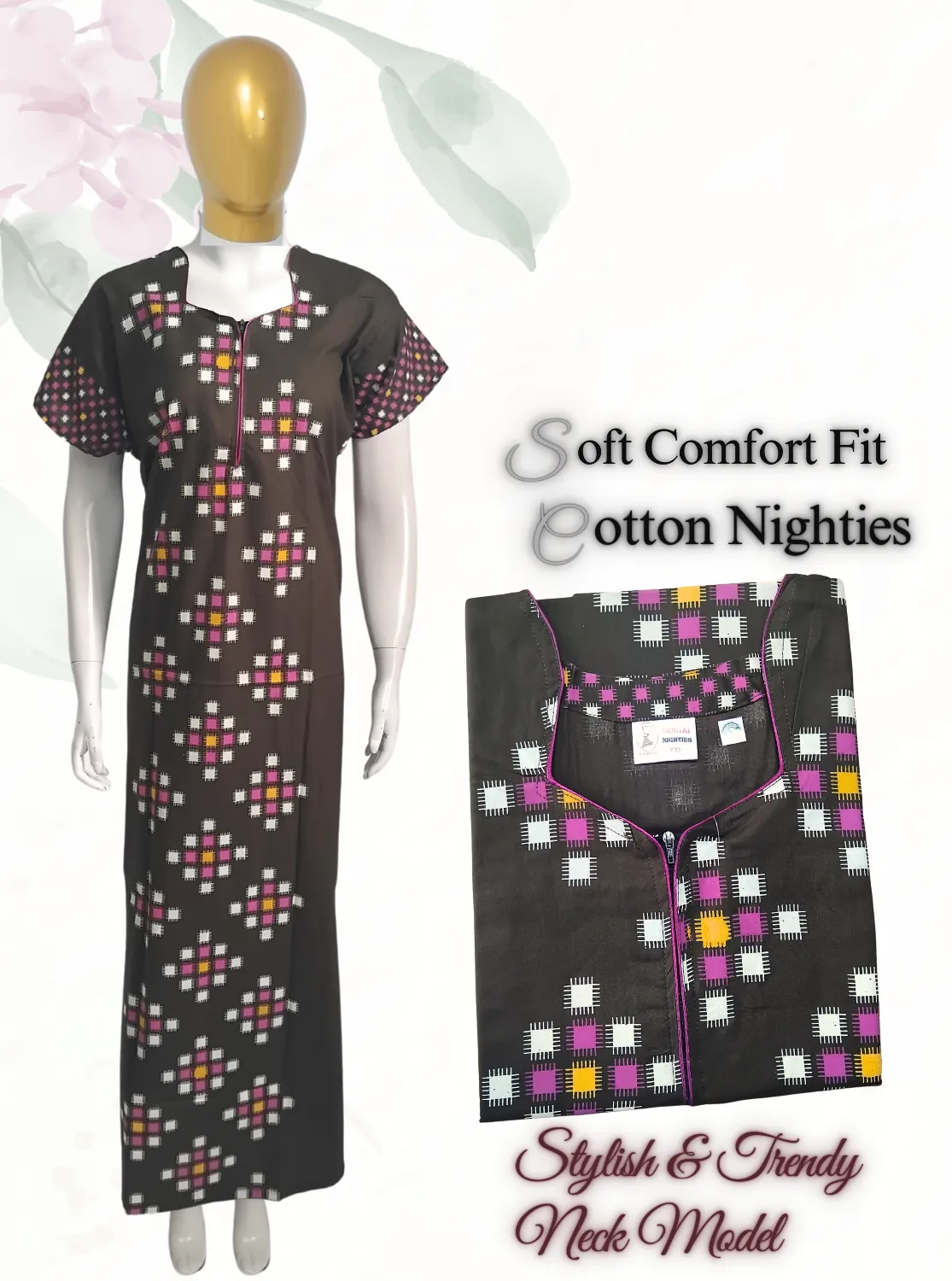 MANGAI New Regular Fit Cotton Printed  Nighties - All Over Printed Stylish COLLAR Model Nighties  | Side Cut Pocket | Beautiful Nighties for Stylish Women's (EM)