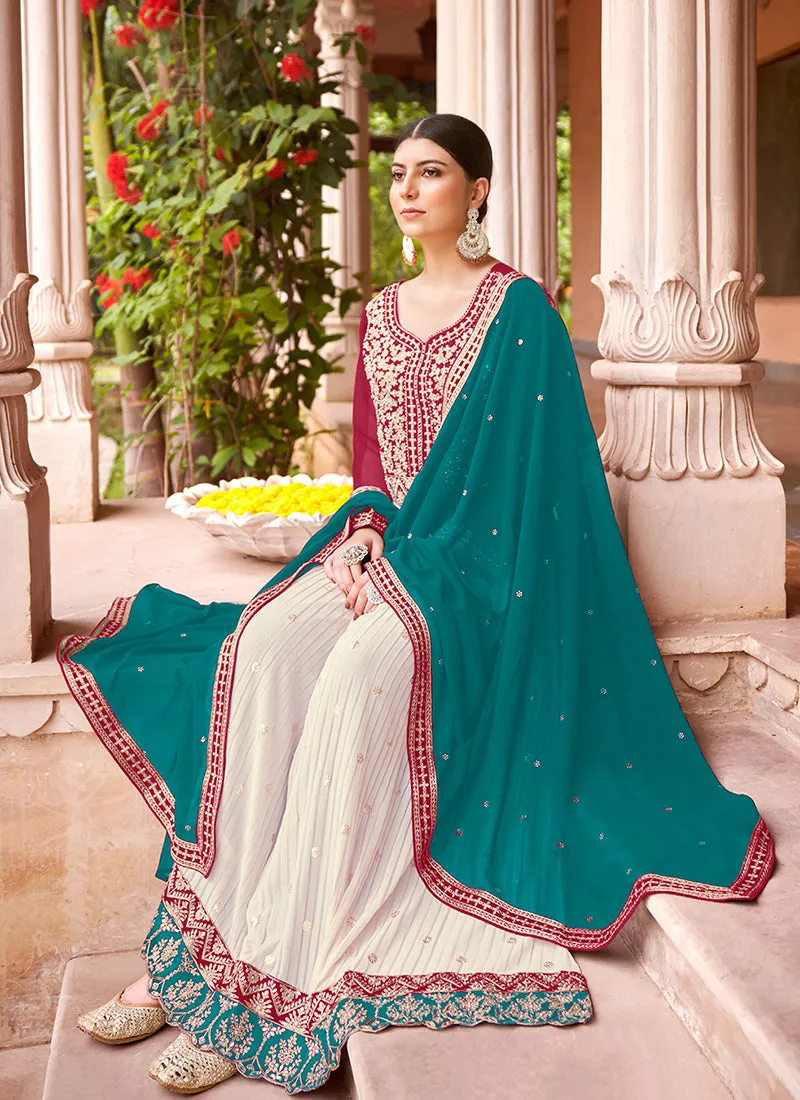 Off White And Pink Embroidery Anarkali Style Palazzo Suit