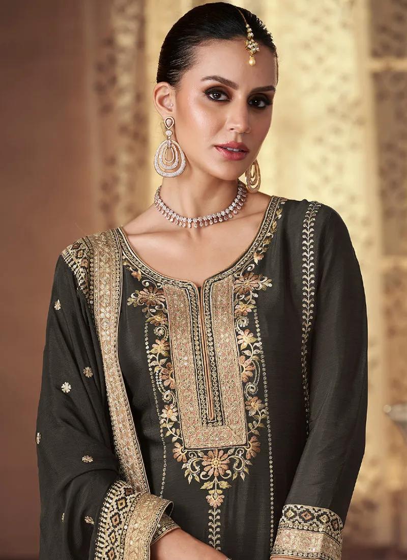 Olive Green Sequence Embroidery Festive Palazzo Suit