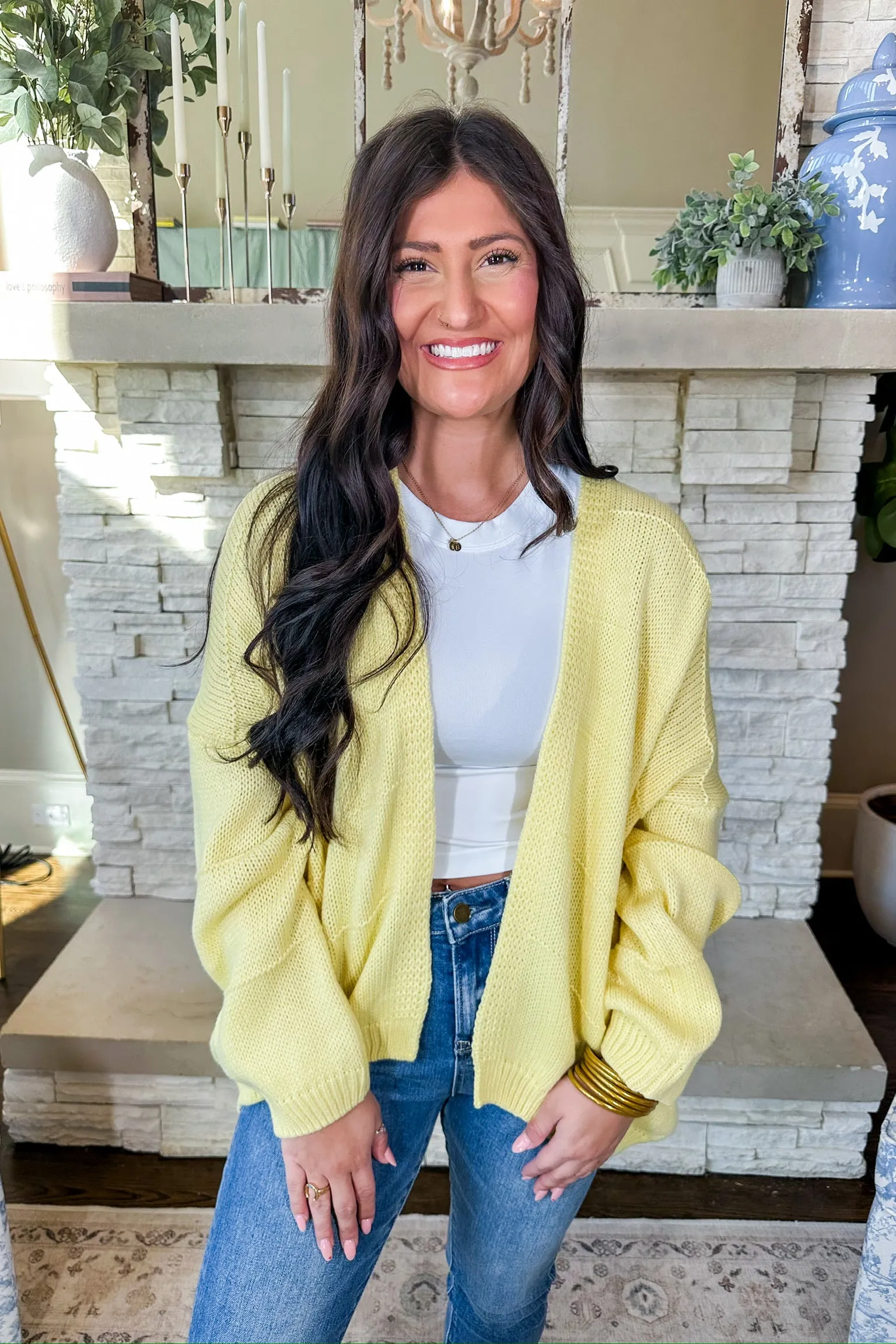 Oversized Striped Knit Cozy Cardigan in Lemon