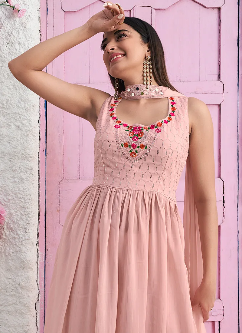Peach Sequence Embroidered A-Line Palazzo Suit