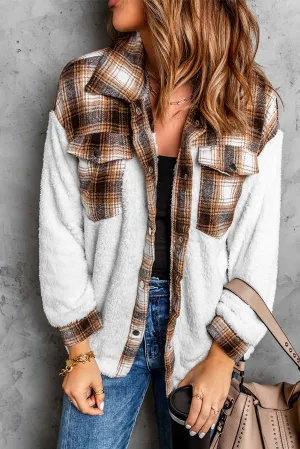 Plaid Buttoned Pocket Sherpa Jacket