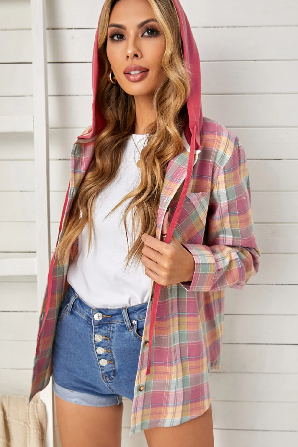 Plaid Hooded Shirt Coat