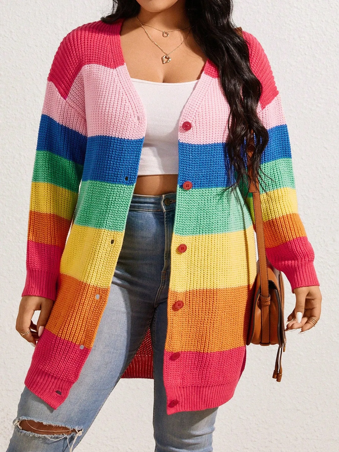 Plus Size Women's Knitted Single-Breasted Cardigan With Multicolor Stripes