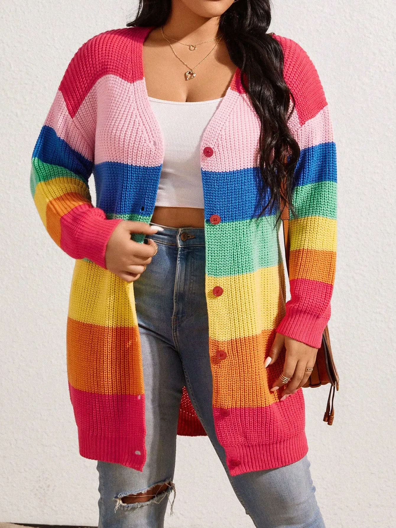 Plus Size Women's Knitted Single-Breasted Cardigan With Multicolor Stripes