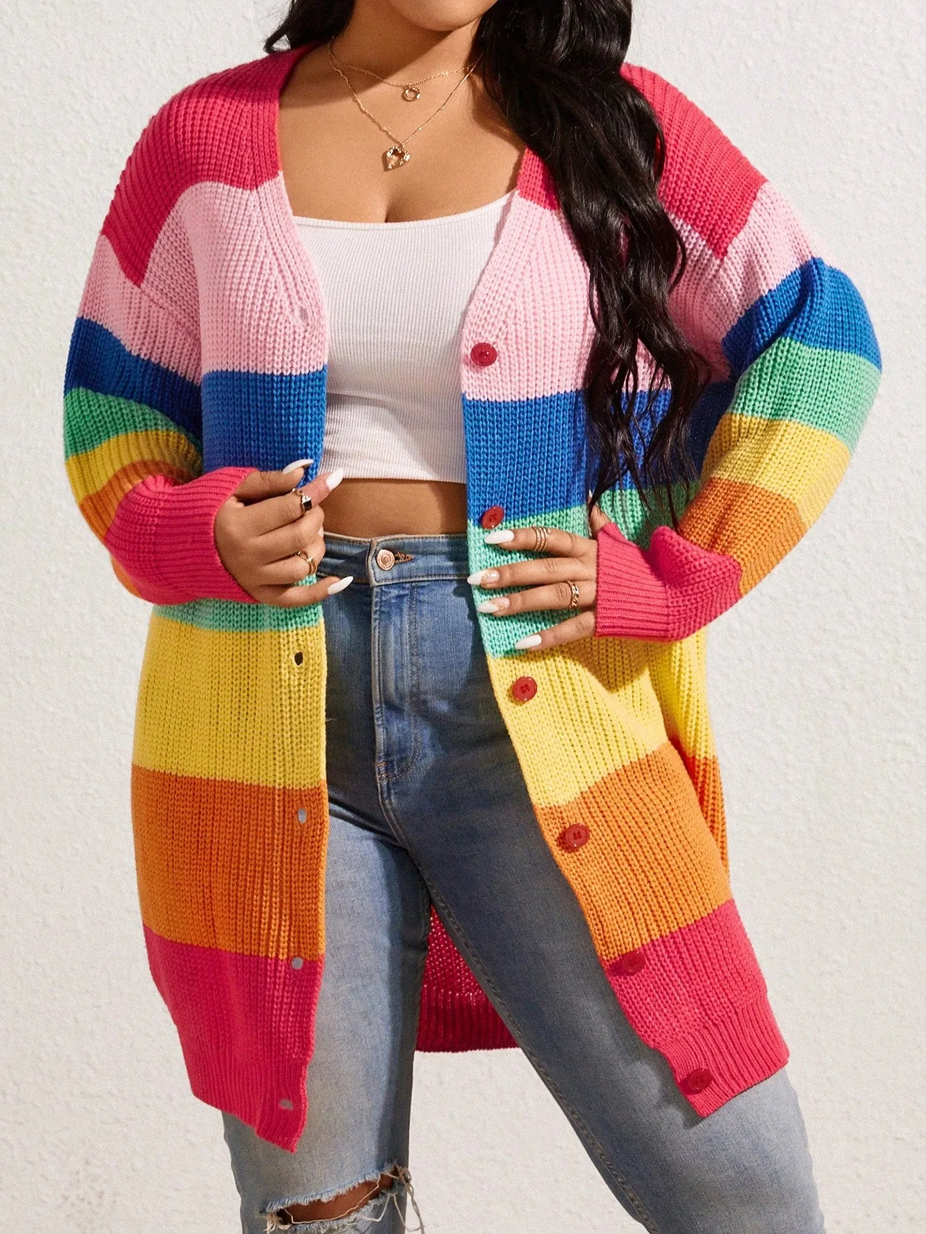 Plus Size Women's Knitted Single-Breasted Cardigan With Multicolor Stripes