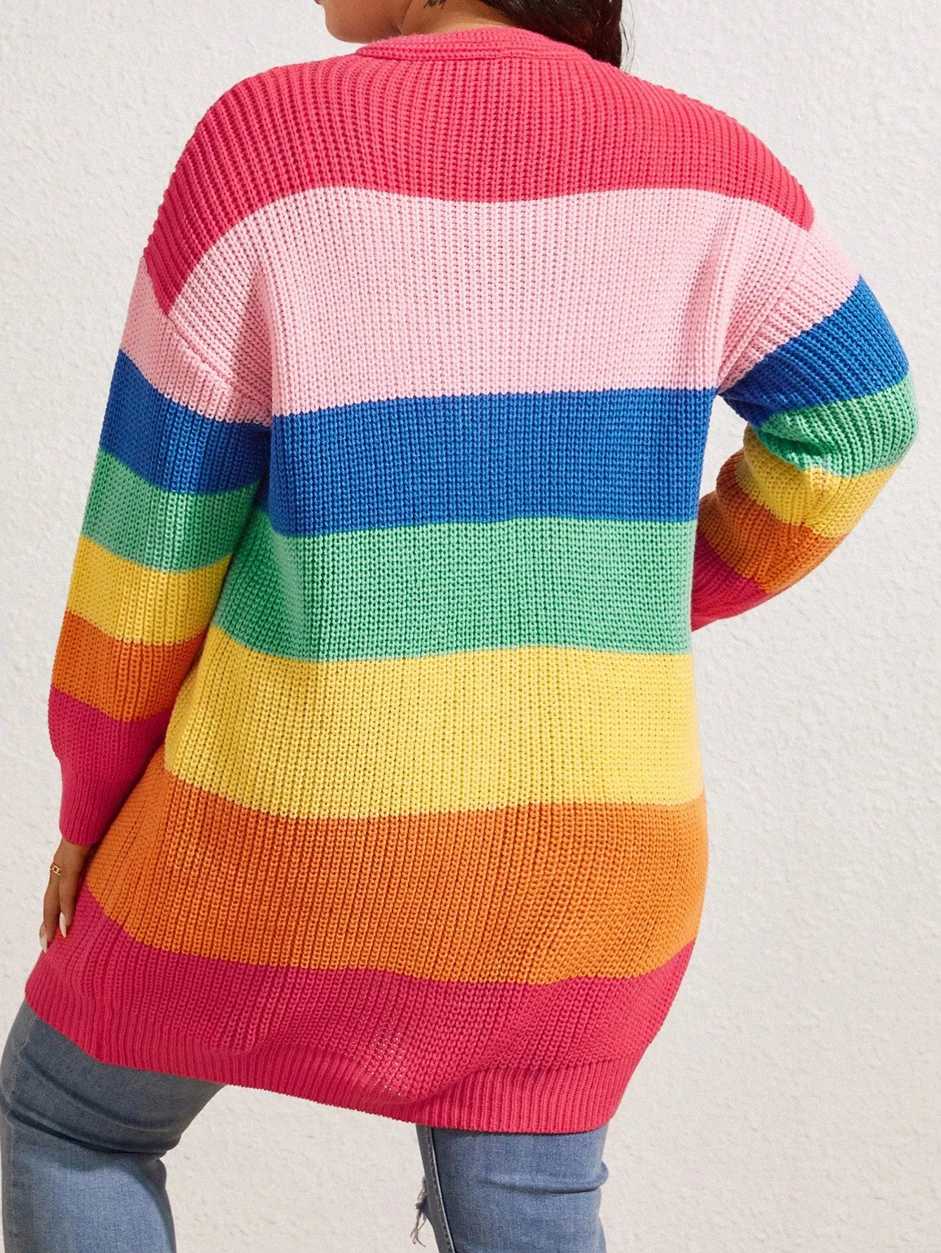 Plus Size Women's Knitted Single-Breasted Cardigan With Multicolor Stripes